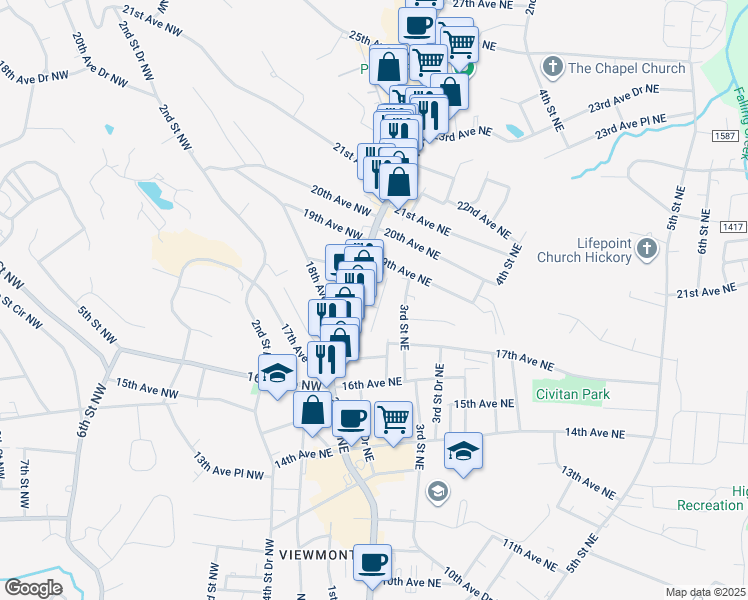 map of restaurants, bars, coffee shops, grocery stores, and more near 25 18th Avenue Northeast in Hickory