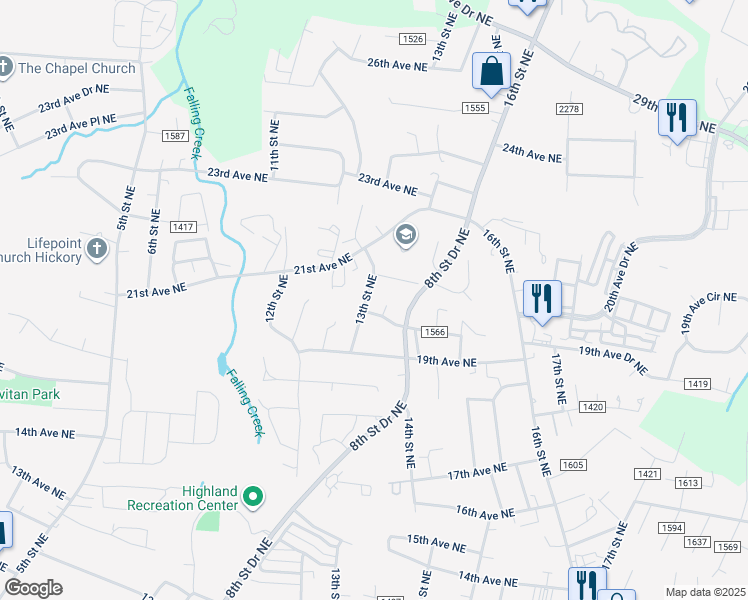 map of restaurants, bars, coffee shops, grocery stores, and more near 2020 13th Street Northeast in Hickory