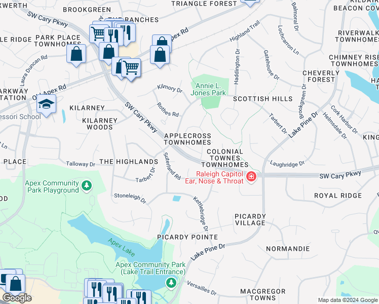 map of restaurants, bars, coffee shops, grocery stores, and more near 616 Applecross Drive in Cary