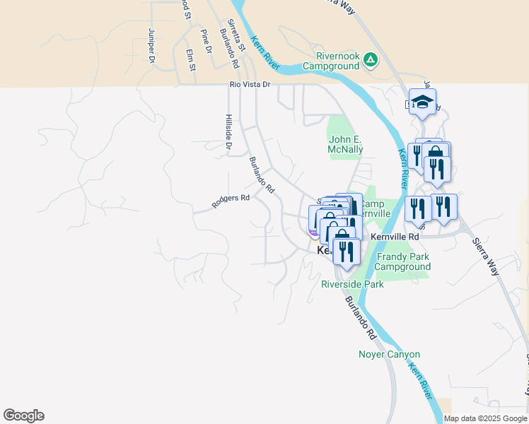map of restaurants, bars, coffee shops, grocery stores, and more near 49 Panorama Drive in Kernville