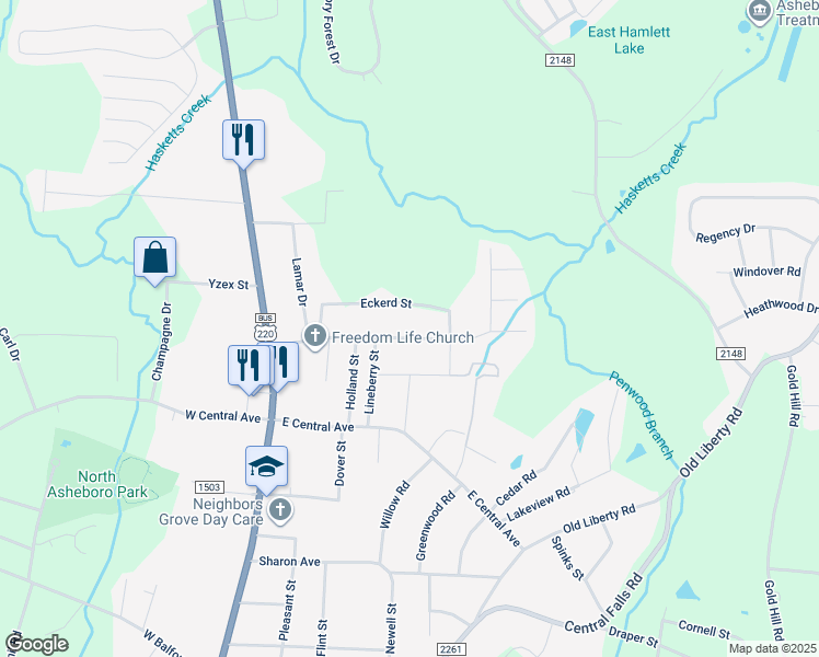 map of restaurants, bars, coffee shops, grocery stores, and more near 403 Sunrise Avenue in Asheboro