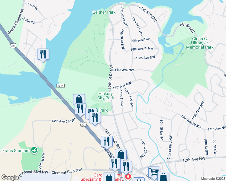 map of restaurants, bars, coffee shops, grocery stores, and more near 1596 12th Street Drive Northwest in Hickory