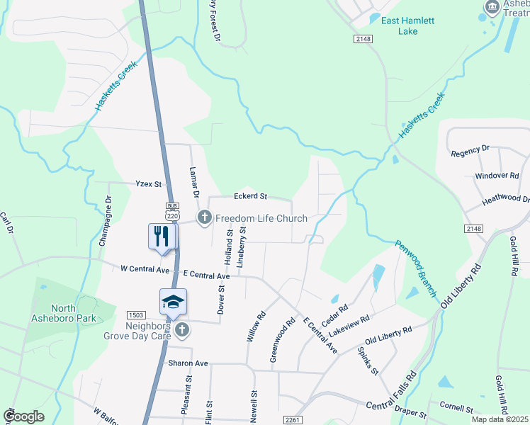 map of restaurants, bars, coffee shops, grocery stores, and more near 403 Sunrise Avenue in Asheboro