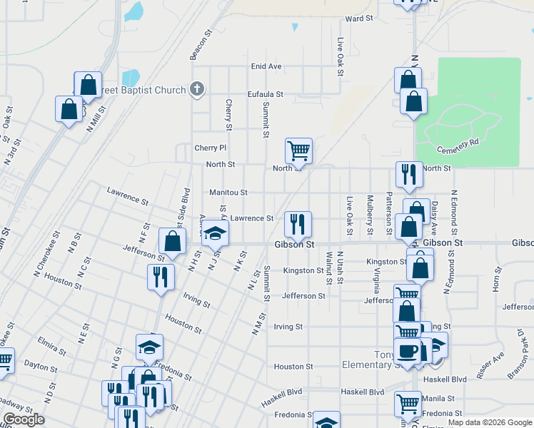 map of restaurants, bars, coffee shops, grocery stores, and more near 1216 Summit Street in Muskogee