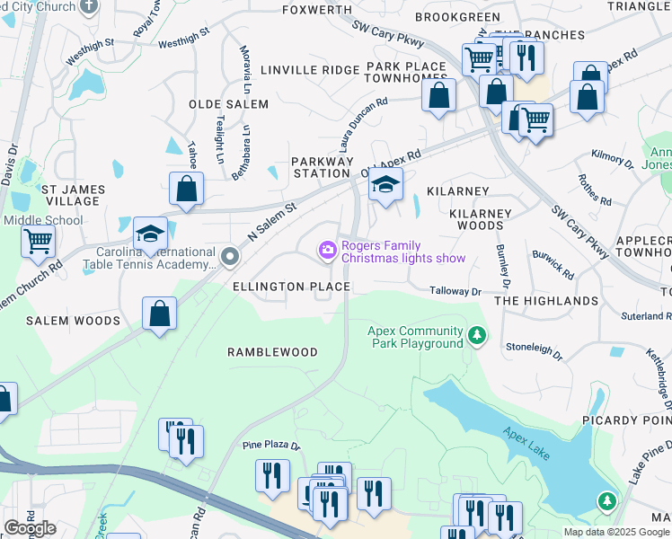 map of restaurants, bars, coffee shops, grocery stores, and more near 633 Sweet Laurel Lane in Apex