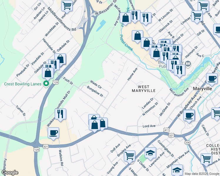 map of restaurants, bars, coffee shops, grocery stores, and more near 553 Coral Circle in Maryville
