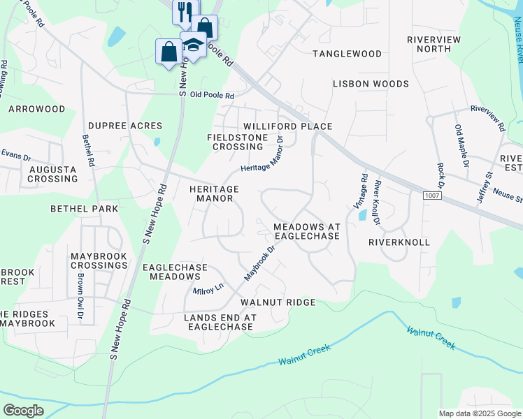 map of restaurants, bars, coffee shops, grocery stores, and more near 1712 Netherfield Lane in Raleigh