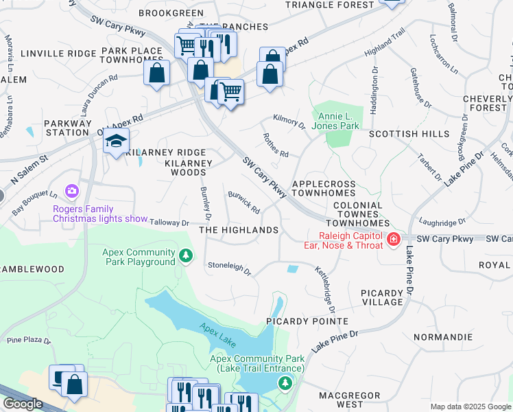 map of restaurants, bars, coffee shops, grocery stores, and more near 1502 Burwick Road in Cary