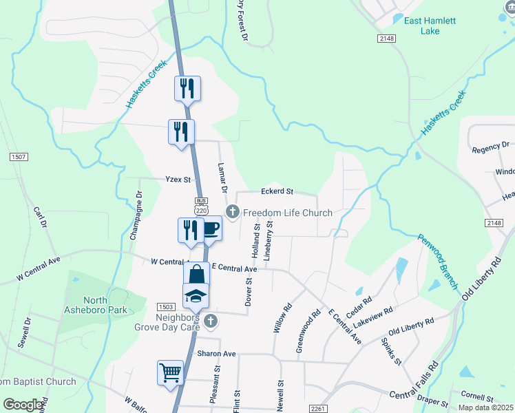 map of restaurants, bars, coffee shops, grocery stores, and more near 222 Eckerd Street in Asheboro