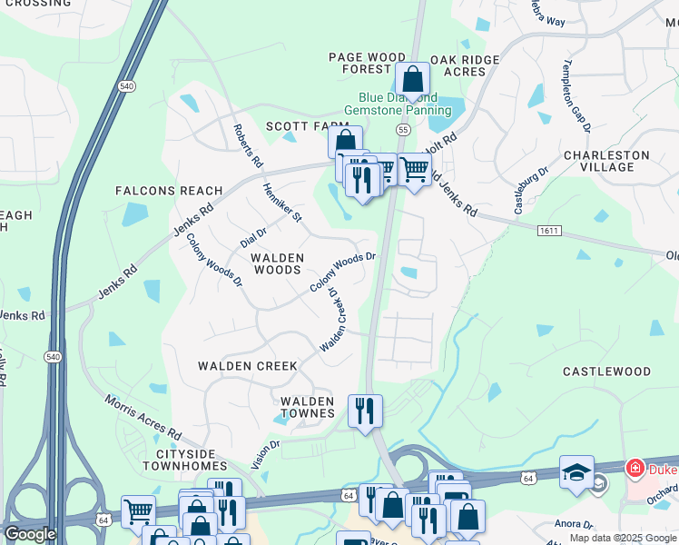 map of restaurants, bars, coffee shops, grocery stores, and more near 2213 Colony Woods Drive in Apex