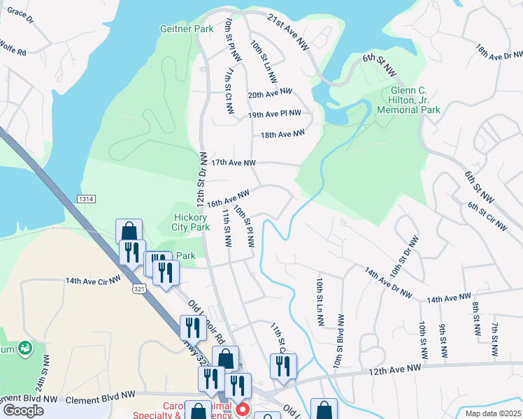 map of restaurants, bars, coffee shops, grocery stores, and more near 1531 16th Avenue Circle Northwest in Hickory