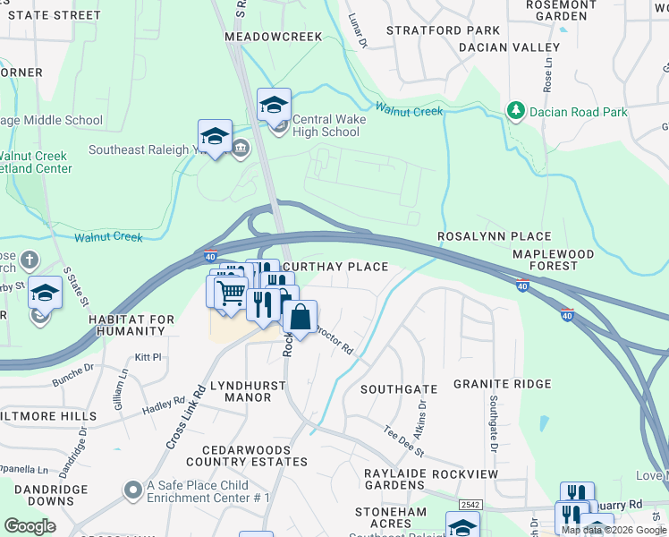 map of restaurants, bars, coffee shops, grocery stores, and more near 1607 Curthay Court in Raleigh