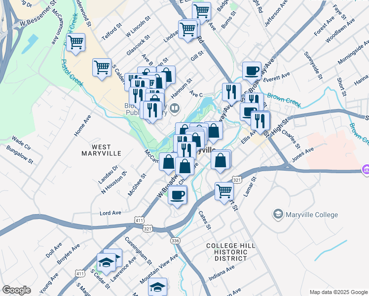 map of restaurants, bars, coffee shops, grocery stores, and more near 161 East Harper Avenue in Maryville
