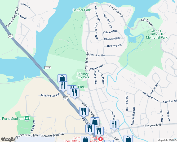 map of restaurants, bars, coffee shops, grocery stores, and more near 1596 12th Street Drive Northwest in Hickory