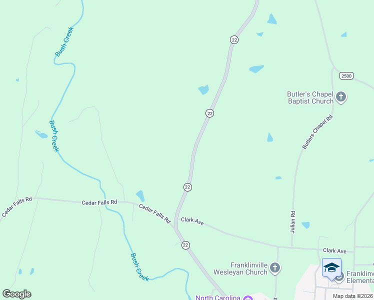 map of restaurants, bars, coffee shops, grocery stores, and more near 2395 North Carolina 22 in Franklinville