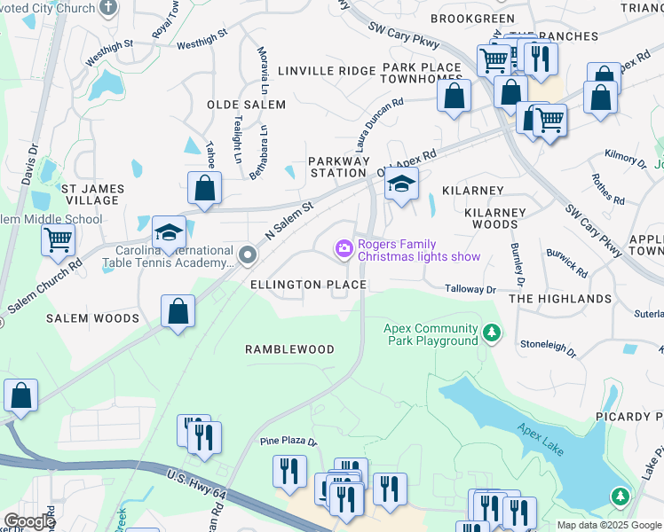 map of restaurants, bars, coffee shops, grocery stores, and more near 713 Bay Bouquet Lane in Apex