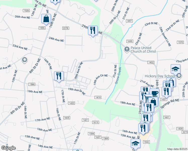 map of restaurants, bars, coffee shops, grocery stores, and more near 2077 19th Street Court Northeast in Hickory