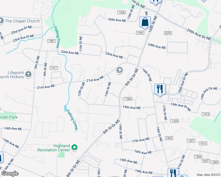 map of restaurants, bars, coffee shops, grocery stores, and more near 2020 13th Street Northeast in Hickory