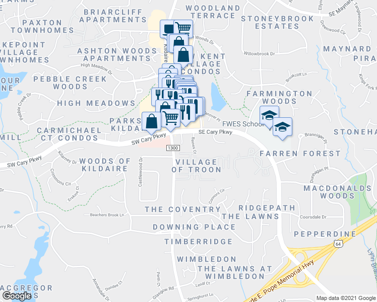 map of restaurants, bars, coffee shops, grocery stores, and more near 944 Calton Hill Court in Cary