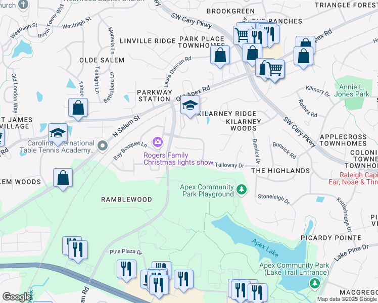 map of restaurants, bars, coffee shops, grocery stores, and more near 2129 Royal Berry Court in Cary