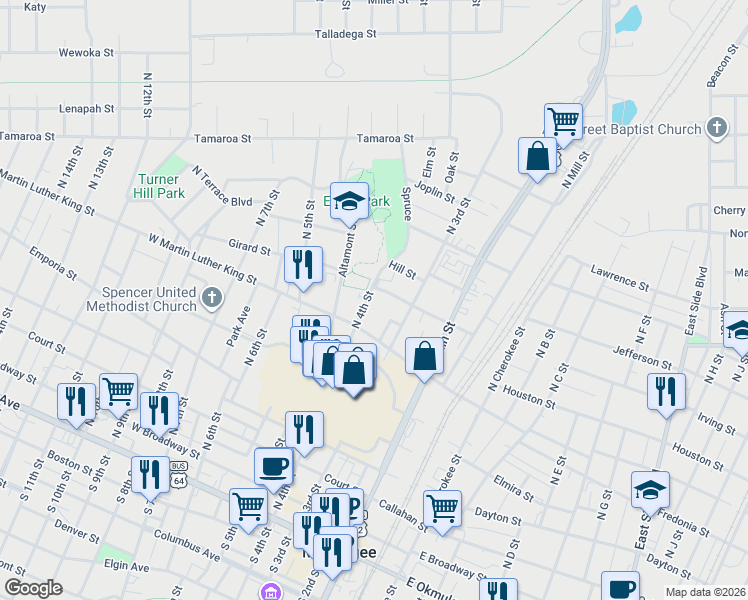 map of restaurants, bars, coffee shops, grocery stores, and more near 710 North 4th Street in Muskogee