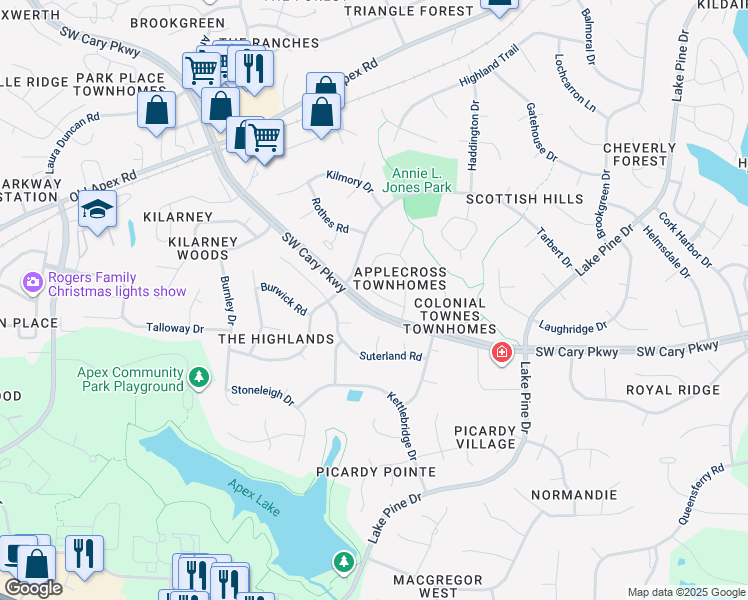 map of restaurants, bars, coffee shops, grocery stores, and more near 612 Applecross Drive in Cary