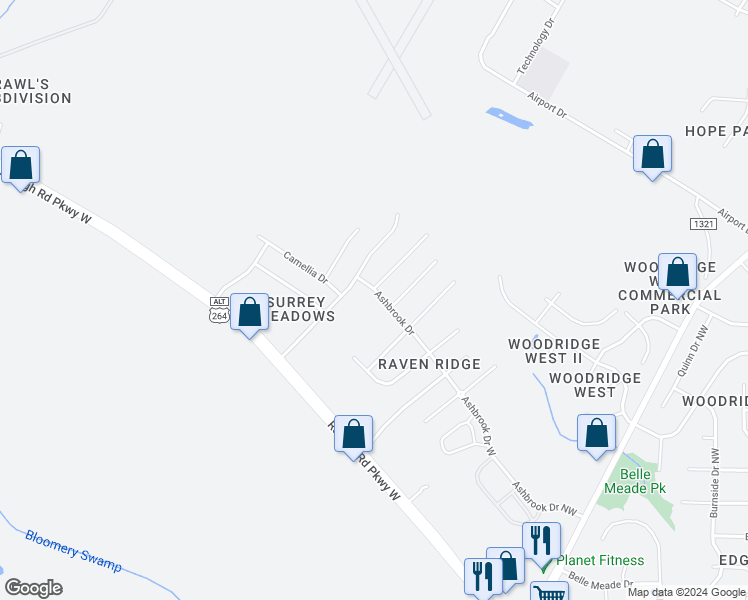 map of restaurants, bars, coffee shops, grocery stores, and more near 4205 Ashbrook Drive Northwest in Wilson