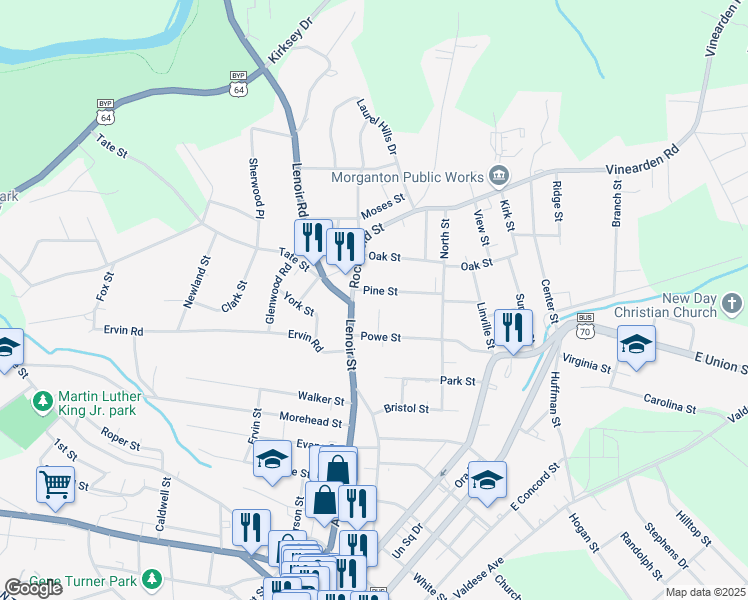 map of restaurants, bars, coffee shops, grocery stores, and more near 108 Pine Street in Morganton