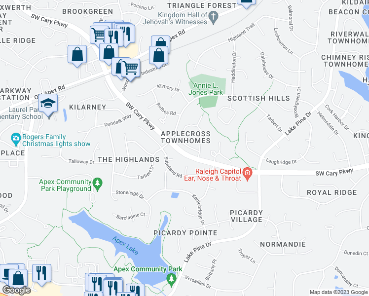 map of restaurants, bars, coffee shops, grocery stores, and more near 612 Applecross Drive in Cary