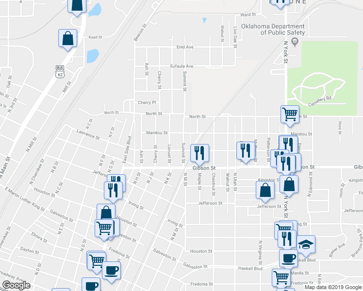map of restaurants, bars, coffee shops, grocery stores, and more near 1229 Summit Street in Muskogee