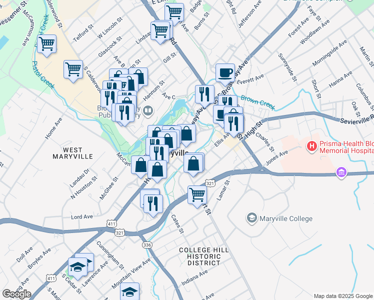 map of restaurants, bars, coffee shops, grocery stores, and more near 300 East Church Avenue in Maryville