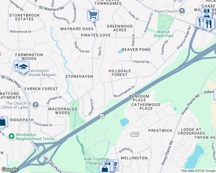 map of restaurants, bars, coffee shops, grocery stores, and more near 1411 Bloomingdale Drive in Cary