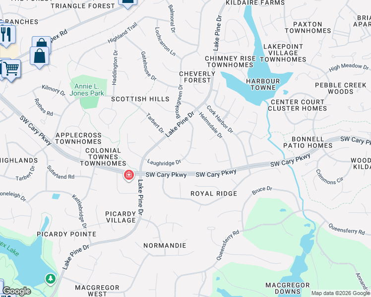 map of restaurants, bars, coffee shops, grocery stores, and more near 1415 Laughridge Drive in Cary