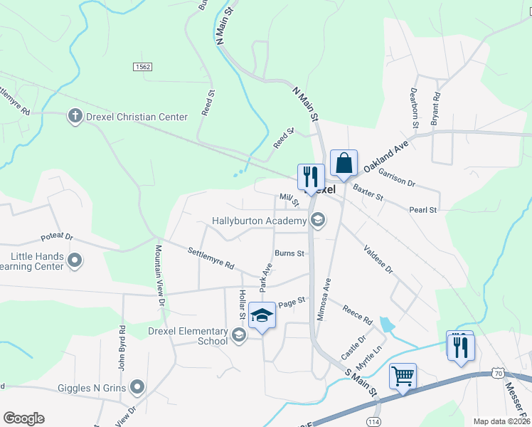 map of restaurants, bars, coffee shops, grocery stores, and more near 102 Park Street in Morganton