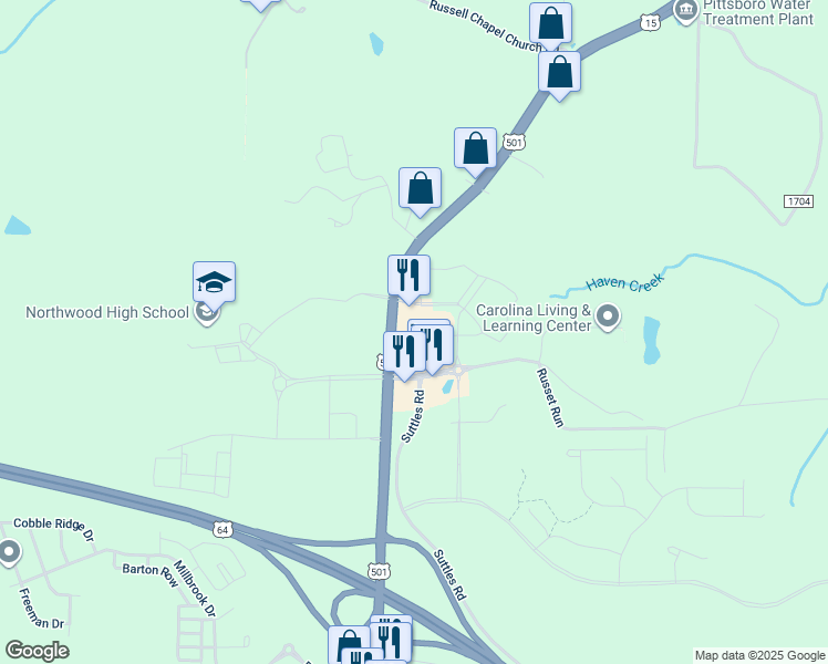 map of restaurants, bars, coffee shops, grocery stores, and more near 43 Lifestyle Place in Pittsboro