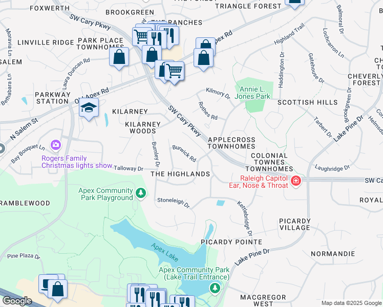 map of restaurants, bars, coffee shops, grocery stores, and more near 1504 Burwick Road in Cary