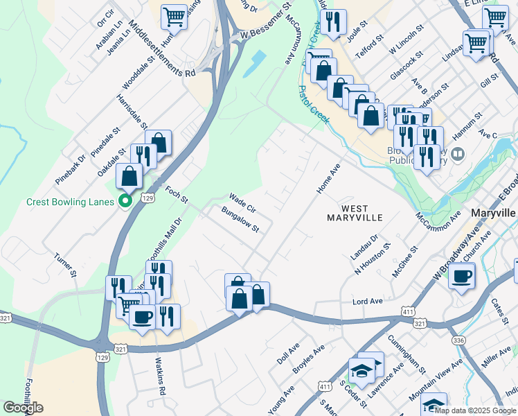map of restaurants, bars, coffee shops, grocery stores, and more near 814 Wade Circle in Maryville