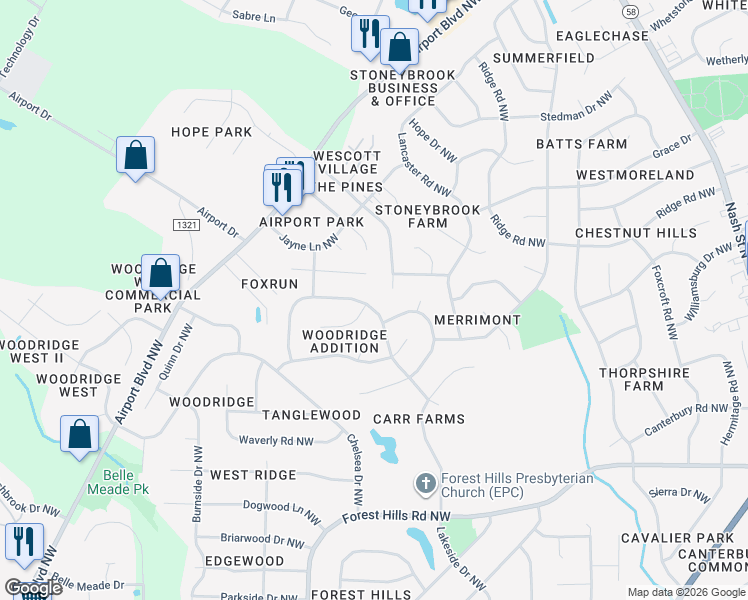 map of restaurants, bars, coffee shops, grocery stores, and more near 3304 Queensferry Dr NW in Wilson