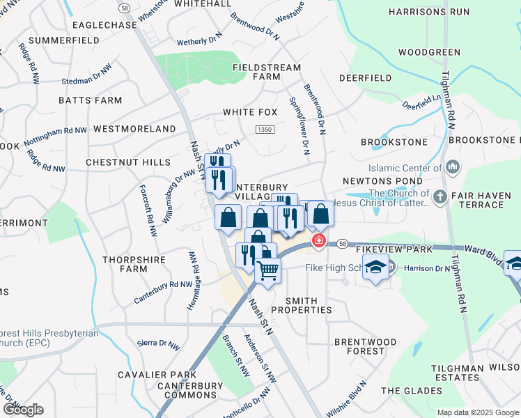 map of restaurants, bars, coffee shops, grocery stores, and more near 2251 Nash Place North in Wilson