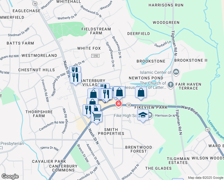 map of restaurants, bars, coffee shops, grocery stores, and more near 2402 Bradford Drive in Wilson
