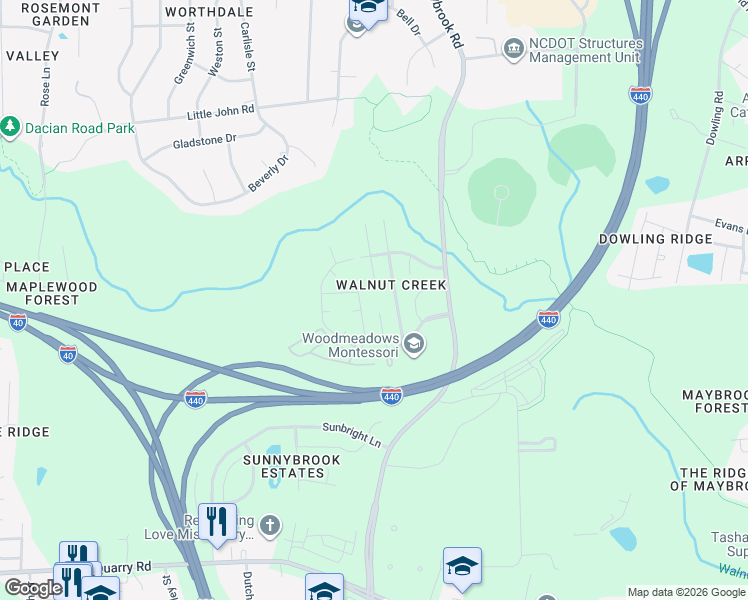 map of restaurants, bars, coffee shops, grocery stores, and more near 1501 Creek Lane in Raleigh