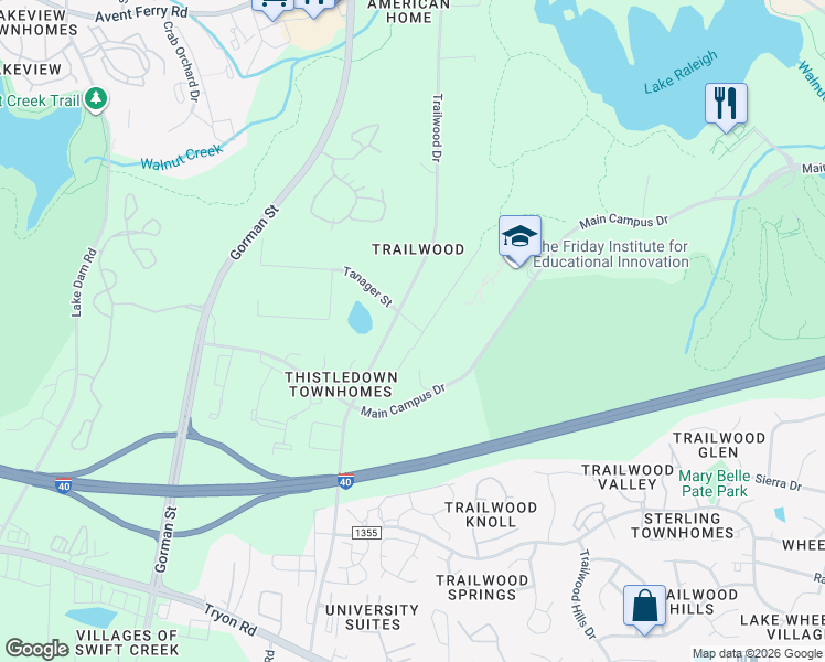 map of restaurants, bars, coffee shops, grocery stores, and more near 1632 Crump Road in Raleigh