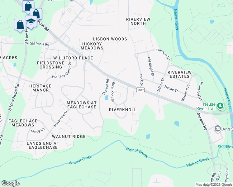 map of restaurants, bars, coffee shops, grocery stores, and more near 5509 Wood Pond Court in Raleigh