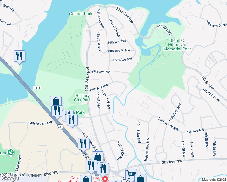 map of restaurants, bars, coffee shops, grocery stores, and more near 1531 16th Avenue Circle Northwest in Hickory