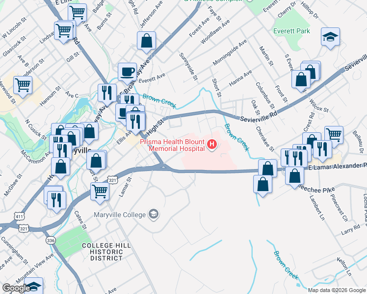 map of restaurants, bars, coffee shops, grocery stores, and more near 814 Lamar Street in Maryville