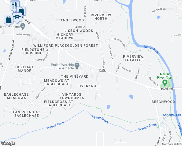 map of restaurants, bars, coffee shops, grocery stores, and more near 1921 River Knoll Drive in Raleigh