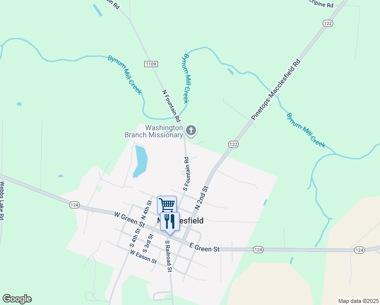 map of restaurants, bars, coffee shops, grocery stores, and more near 616 North Railroad Street in Macclesfield