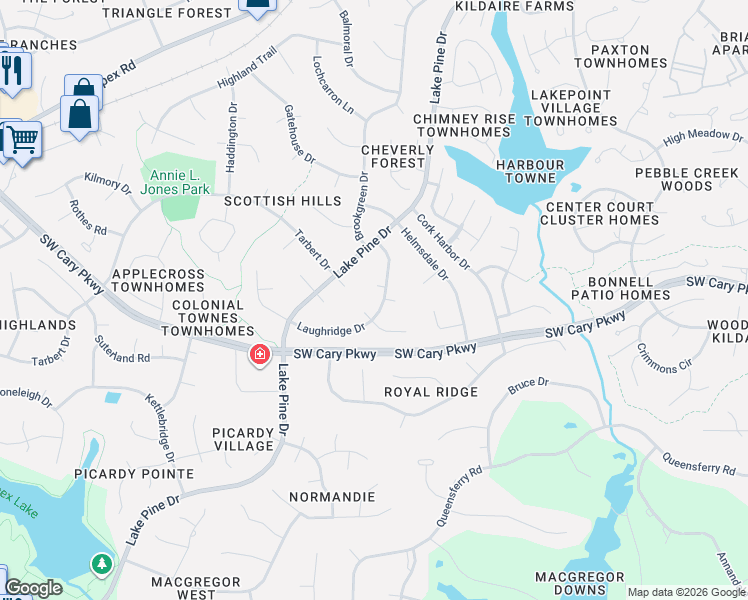 map of restaurants, bars, coffee shops, grocery stores, and more near 1415 Laughridge Drive in Cary