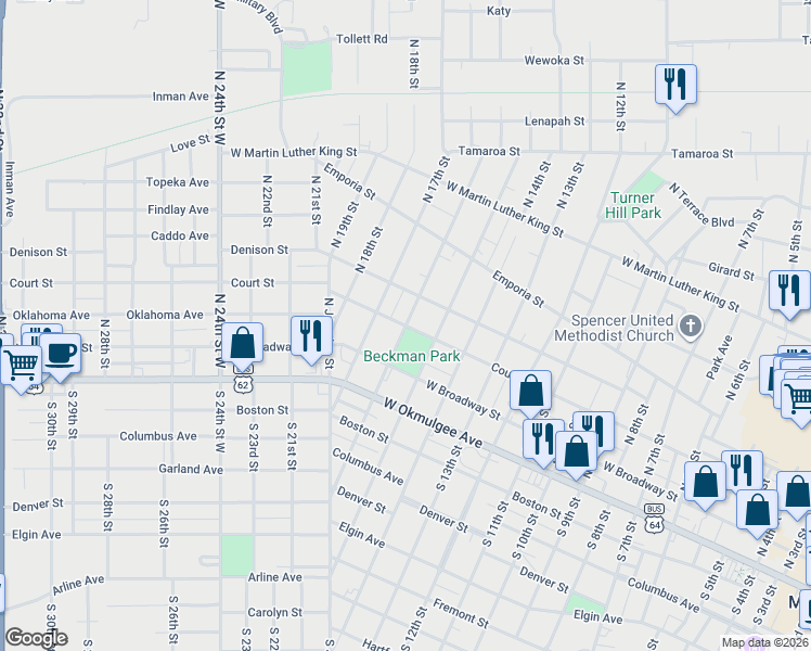 map of restaurants, bars, coffee shops, grocery stores, and more near 301 North 16th Street in Muskogee