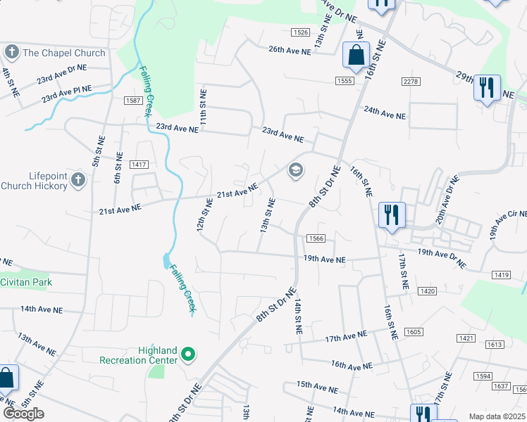 map of restaurants, bars, coffee shops, grocery stores, and more near 2025 13th Street Northeast in Hickory